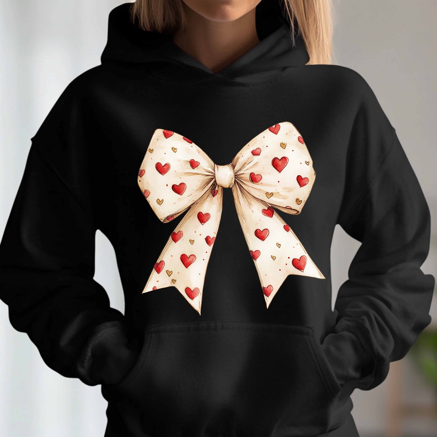 Black Retro Valentine's Day Heart Bow Hoodie Sweatshirt