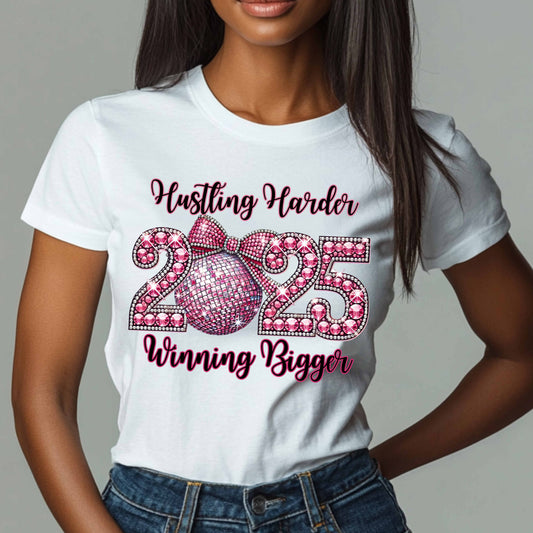 Motivational T-Shirt with Saying 'Hustling Harder, Winning Bigger'